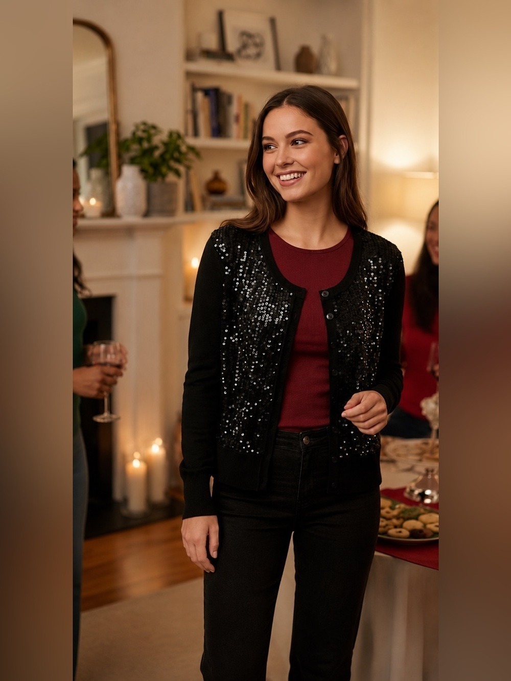 INC INTERNATIONAL CONCEPTS Black Sequined Cardi Small